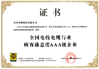 全国电线电缆行业顾客满意度AAA级企业